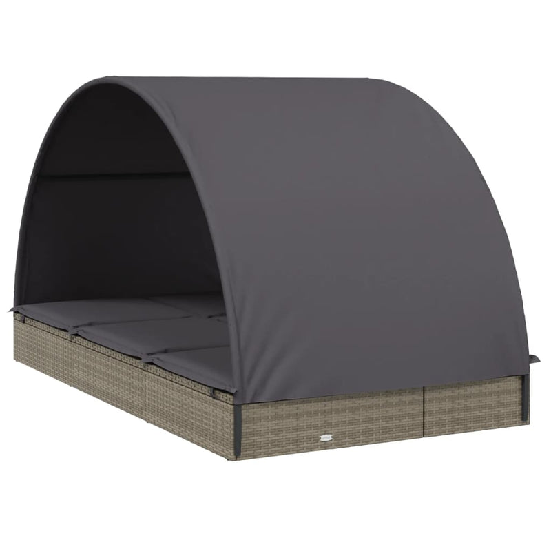 2-Person Sunbed with Round Roof Grey 211x112x140 cm Poly Rattan