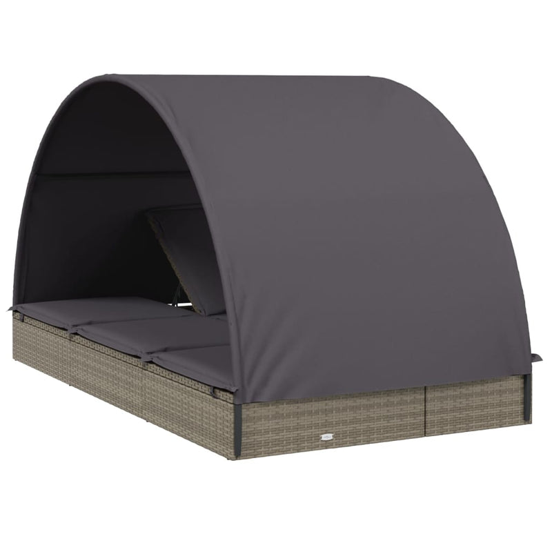 2-Person Sunbed with Round Roof Grey 211x112x140 cm Poly Rattan