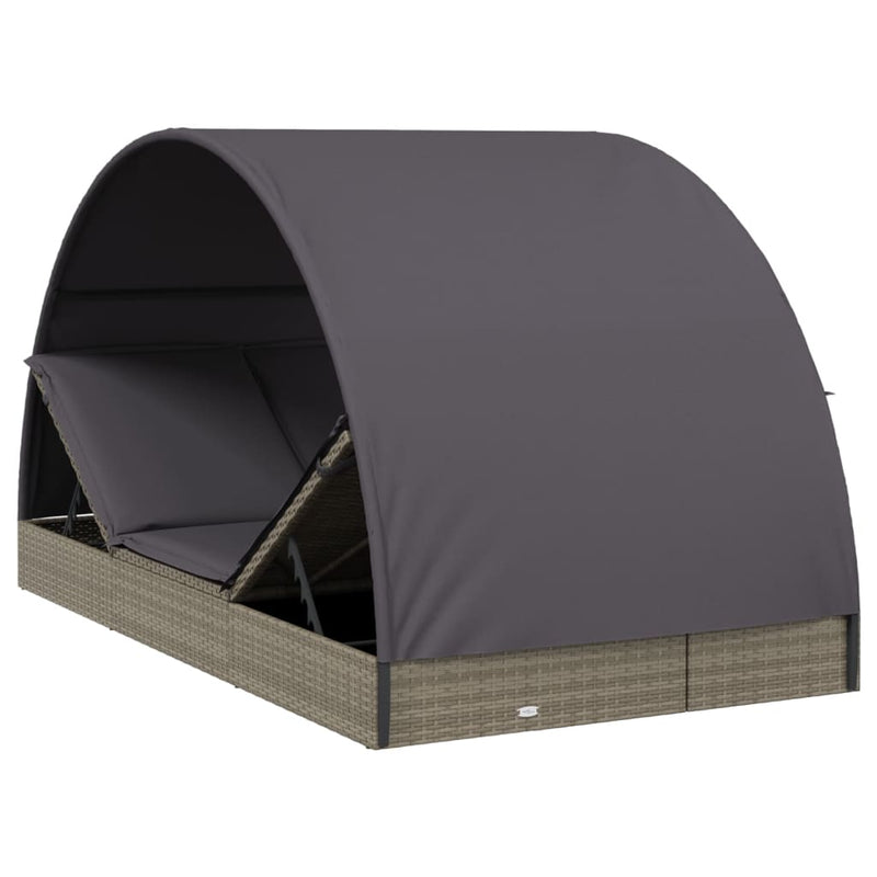 2-Person Sunbed with Round Roof Grey 211x112x140 cm Poly Rattan