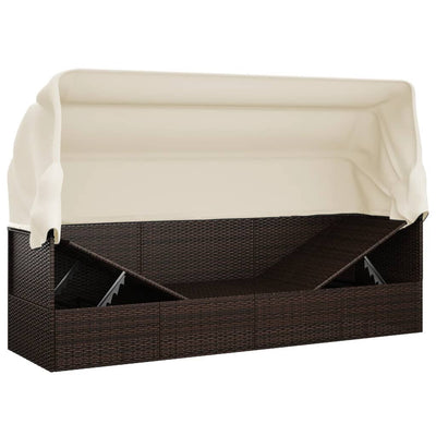 Outdoor Lounge Bed with Roof and Cushions Brown Poly Rattan