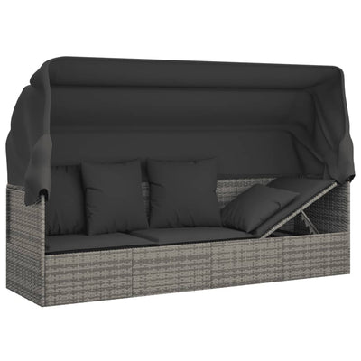 Outdoor Lounge Bed with Roof and Cushions Grey Poly Rattan