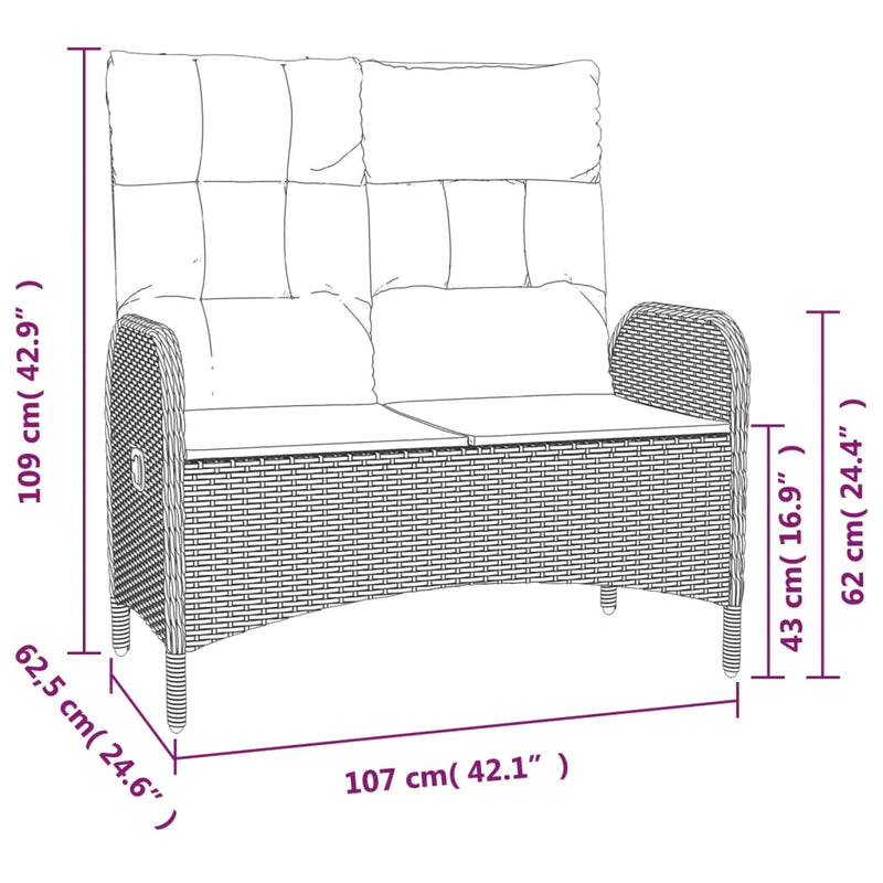 Reclining Garden Bench with Cushions 107 cm Poly Rattan Grey