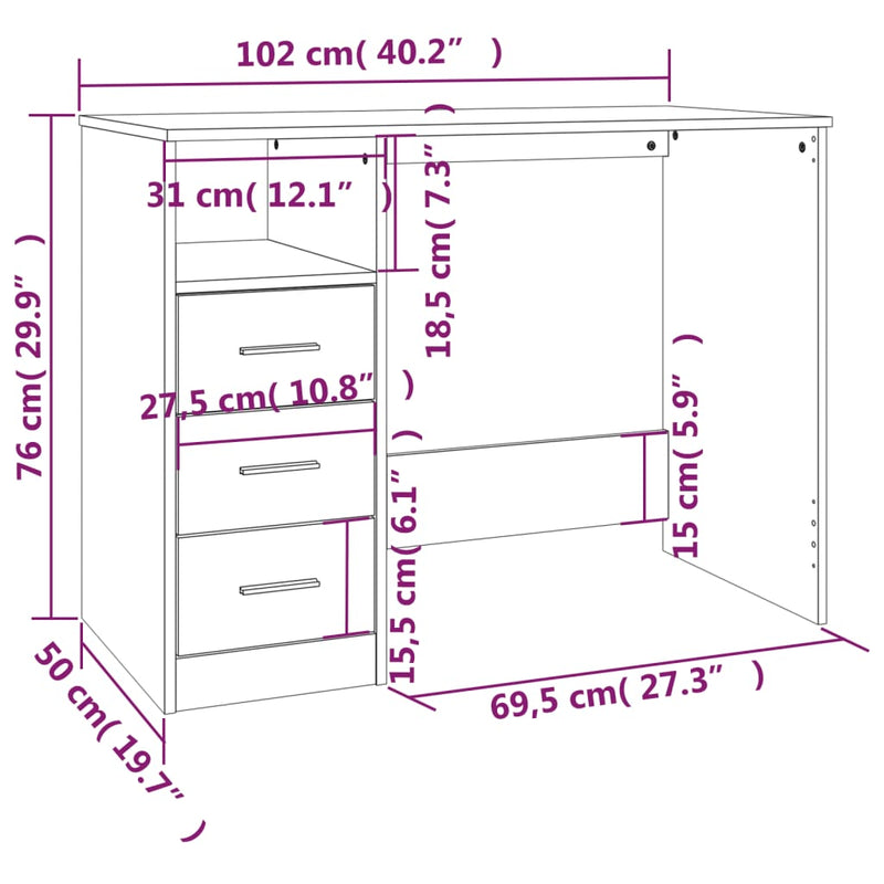 Desk with Drawers Black 102x50x76 cm Engineered Wood