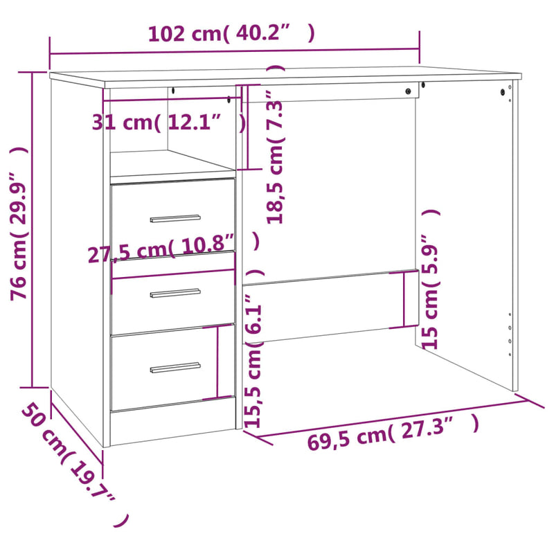 Desk with Drawers Smoked Oak 102x50x76 cm Engineered Wood