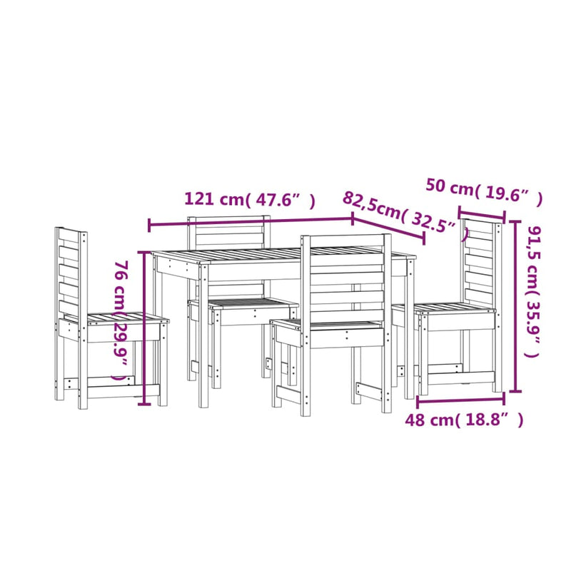 5 Piece Garden Dining Set White Solid Wood Pine