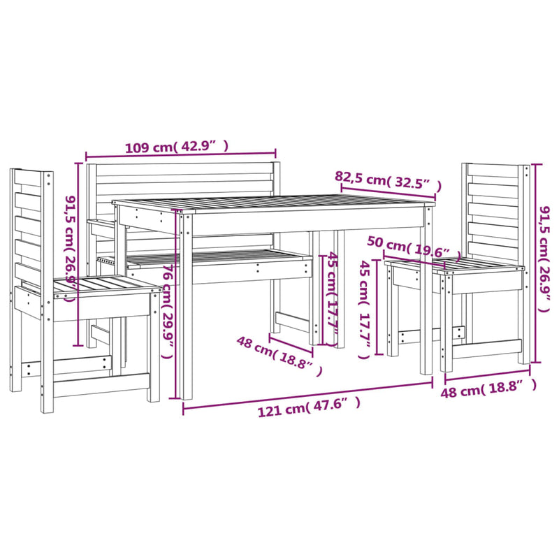 4 Piece Garden Dining Set White Solid Wood Pine