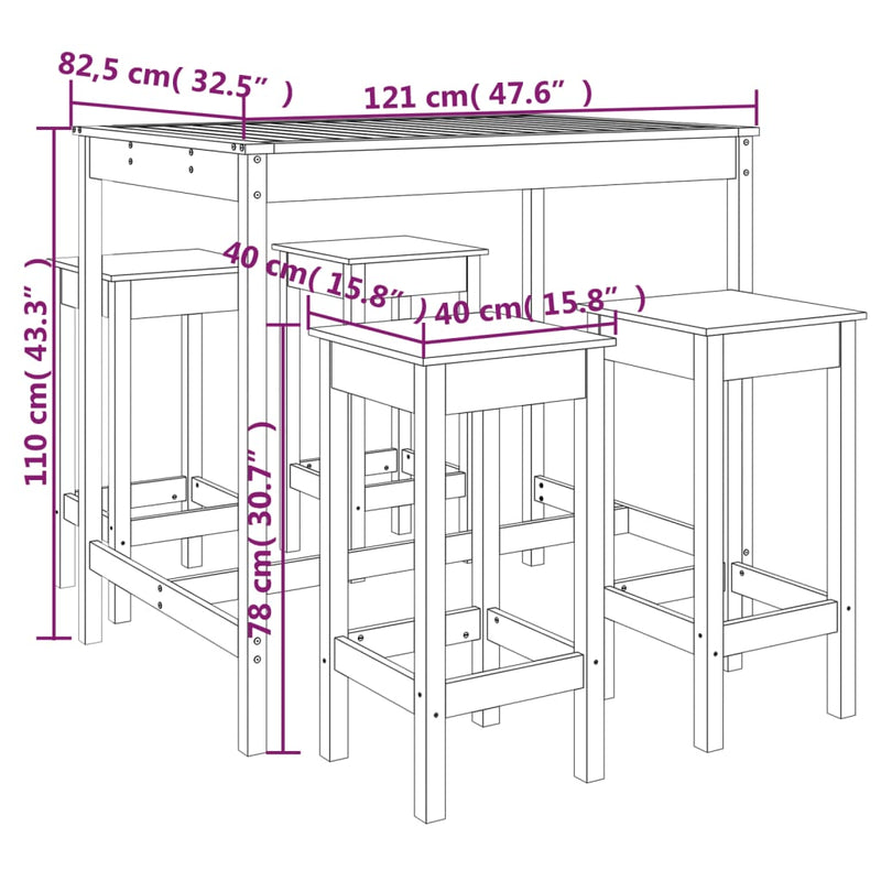 5 Piece Garden Bar Set Black Solid Wood Pine