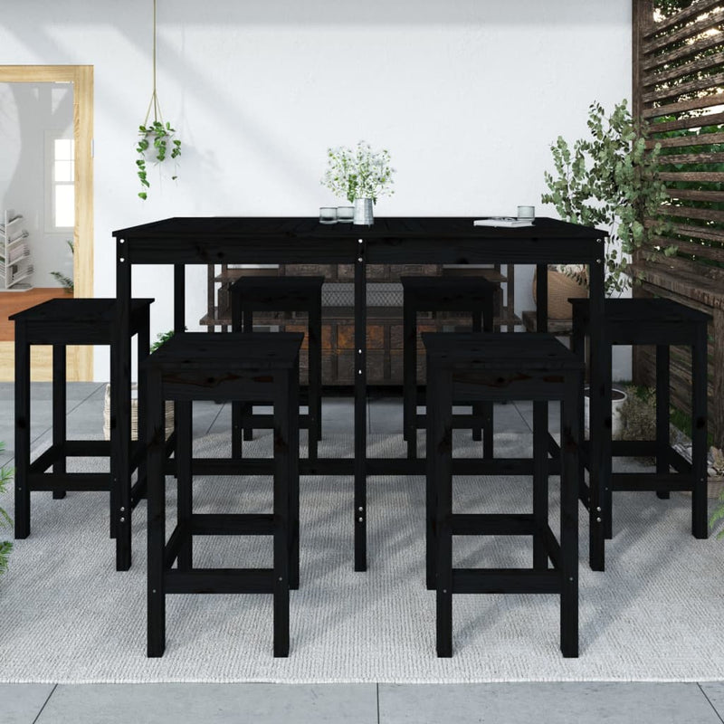 7 Piece Garden Bar Set Black Solid Wood Pine