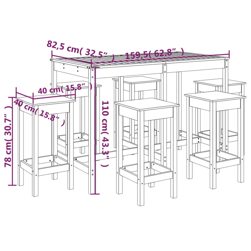 7 Piece Garden Bar Set Black Solid Wood Pine