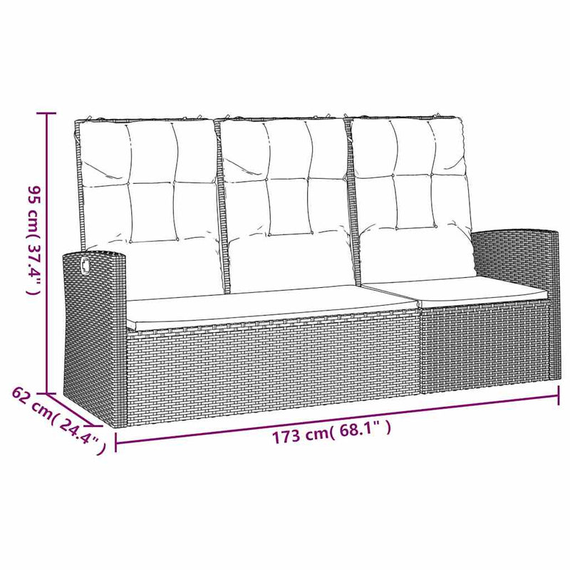 Reclining Garden Bench with Cushions Grey 173 cm Poly rattan