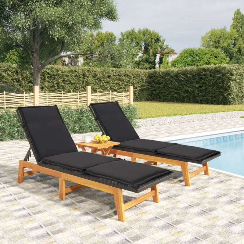 Sun Loungers with Cushions 2 pcs Poly Rattan&Solid Wood Acacia