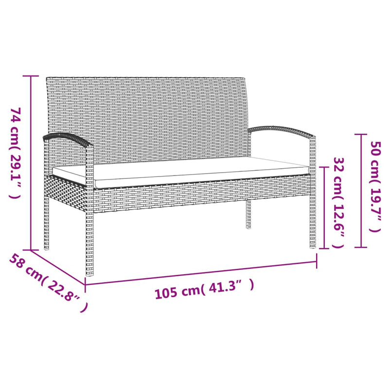 Garden Bench with Cushion Black 105 cm Poly Rattan