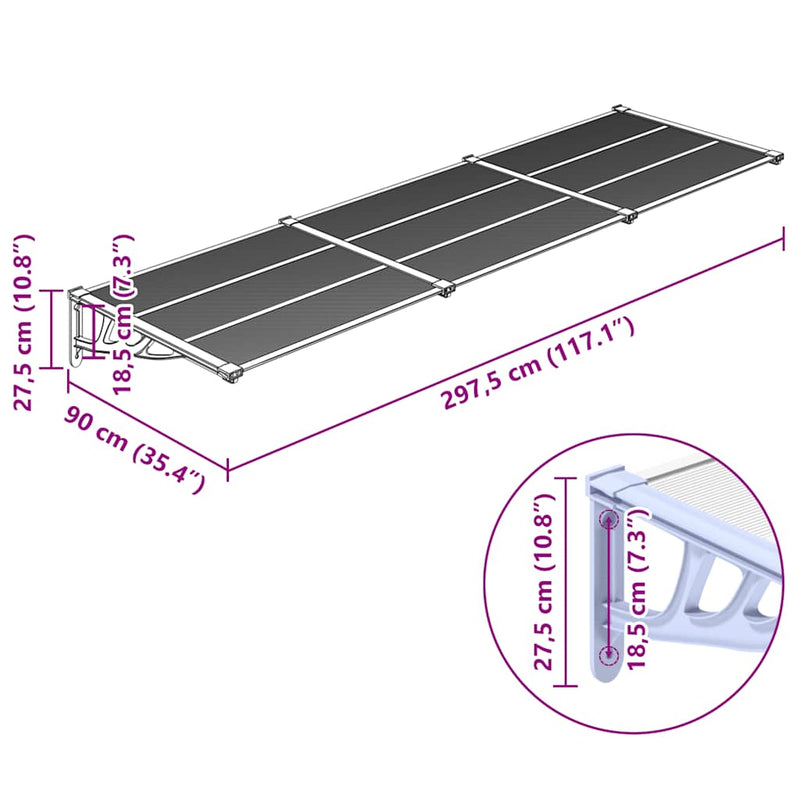 Door Canopy Grey and Transparent 297.5x90 cm Polycarbonate