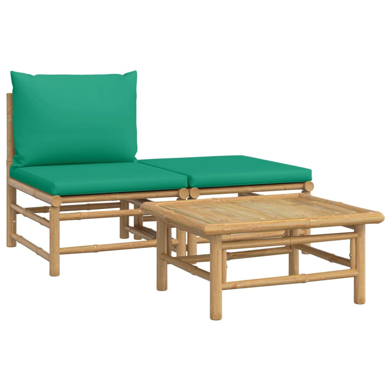 3 Piece Garden Lounge Set with Green Cushions Bamboo