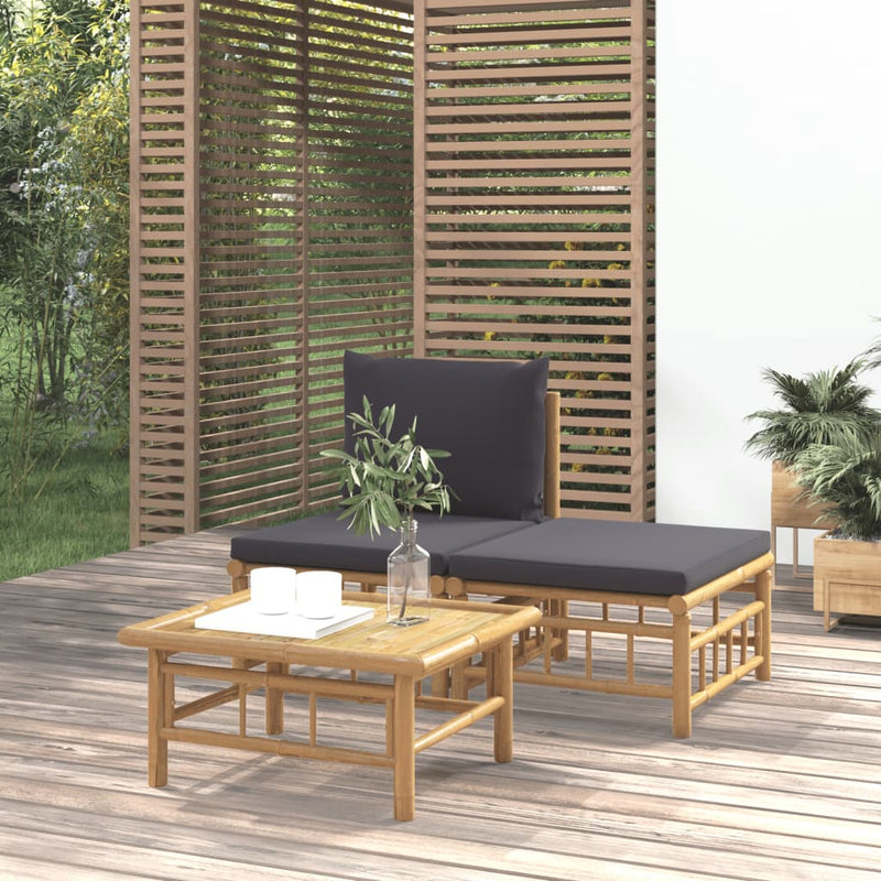 3 Piece Garden Lounge Set with Dark Grey Cushions Bamboo