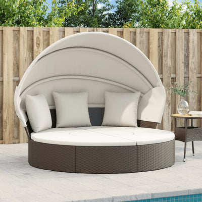 Outdoor Lounge Bed with Canopy and Cushions Brown Poly Rattan