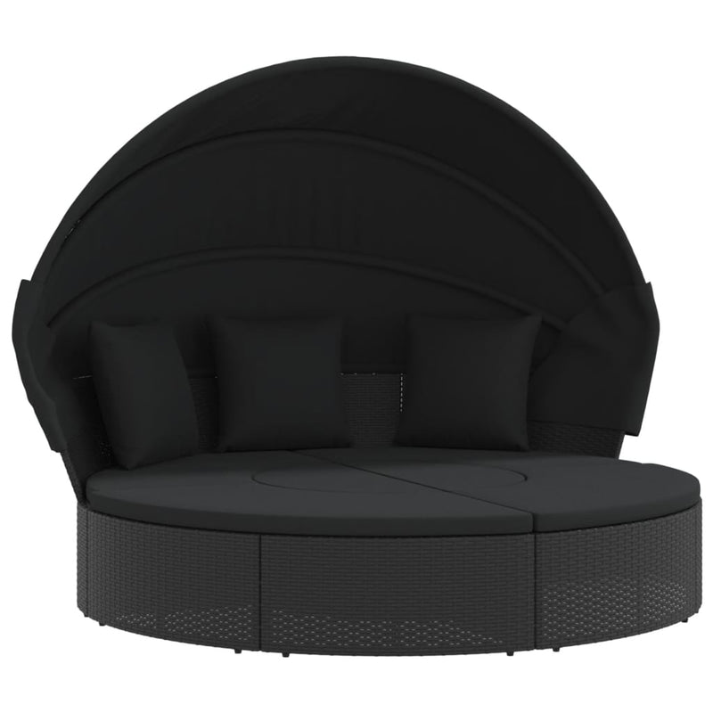Outdoor Lounge Bed with Canopy and Cushions Black Poly Rattan