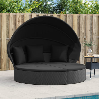 Outdoor Lounge Bed with Canopy and Cushions Black Poly Rattan