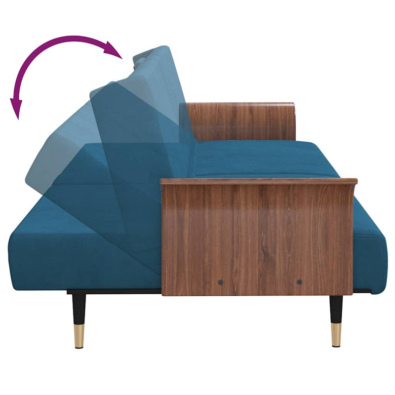 Sofa Bed with Cup Holders Blue Velvet