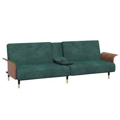 Sofa Bed with Cup Holders Dark Green Velvet