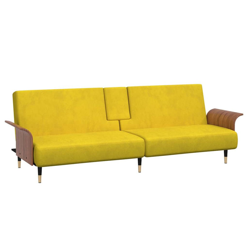 Sofa Bed with Cup Holders Yellow Velvet