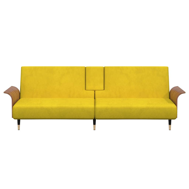 Sofa Bed with Cup Holders Yellow Velvet