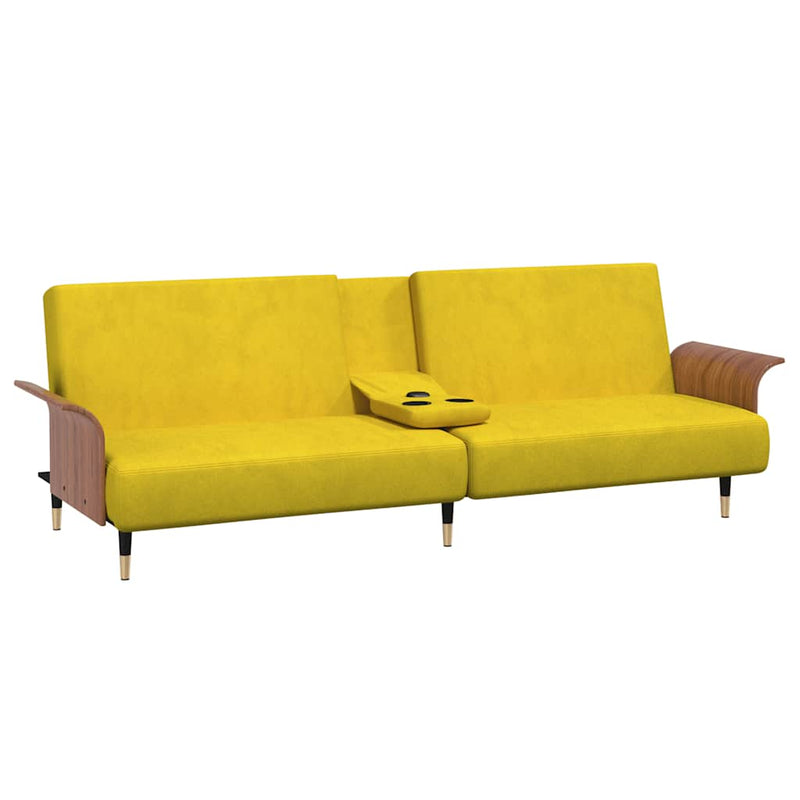 Sofa Bed with Cup Holders Yellow Velvet