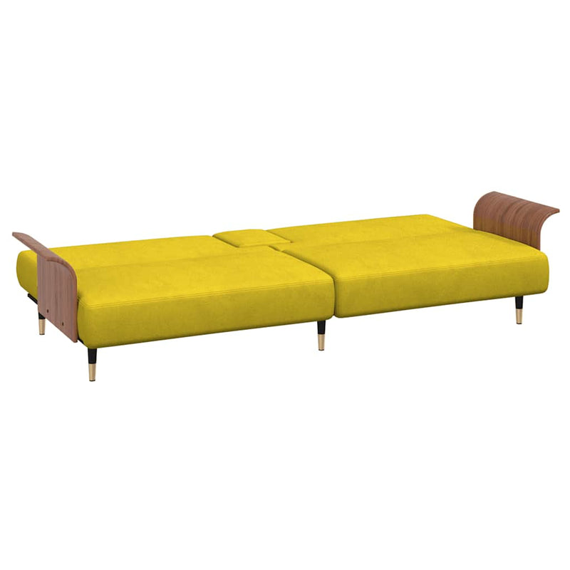 Sofa Bed with Cup Holders Yellow Velvet