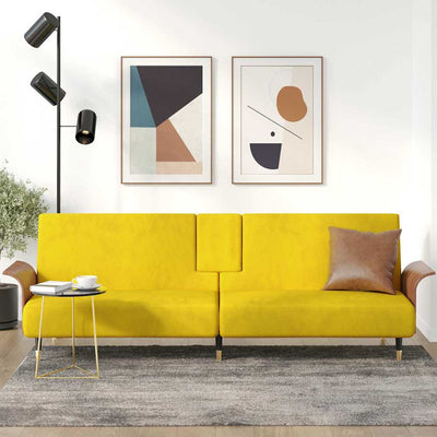 Sofa Bed with Cup Holders Yellow Velvet