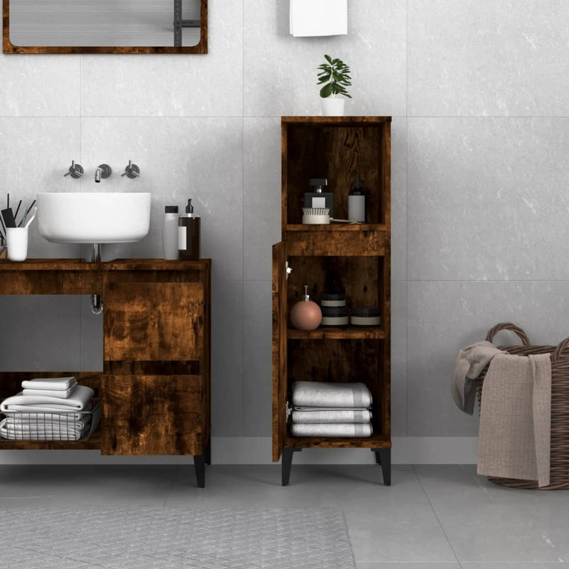 Bathroom Cabinet Smoked Oak 30x30x100 cm Engineered Wood