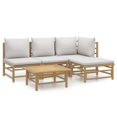 5 Piece Garden Lounge Set with Light Grey Cushions Bamboo