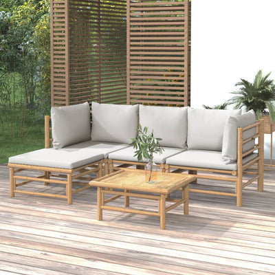 5 Piece Garden Lounge Set with Light Grey Cushions Bamboo