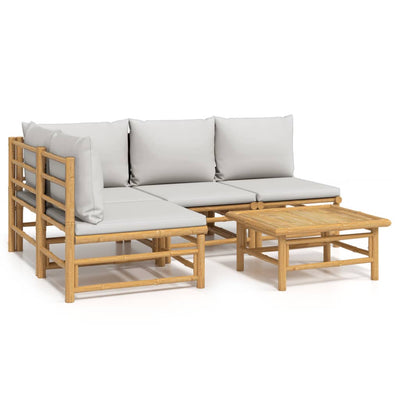 5 Piece Garden Lounge Set with Light Grey Cushions Bamboo