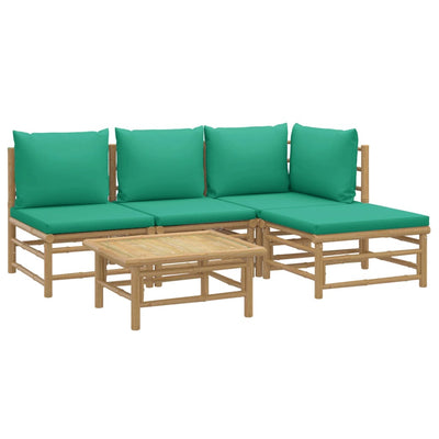 5 Piece Garden Lounge Set with Green Cushions  Bamboo