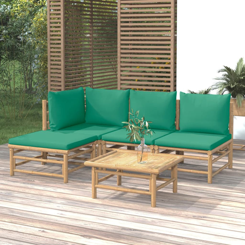 5 Piece Garden Lounge Set with Green Cushions  Bamboo