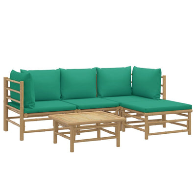 5 Piece Garden Lounge Set with Green Cushions  Bamboo