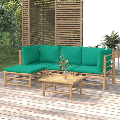 5 Piece Garden Lounge Set with Green Cushions  Bamboo