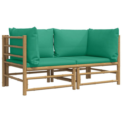 Garden Corner Sofas with Green Cushions 2 pcs Bamboo