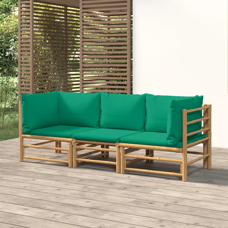 3 Piece Garden Lounge Set with Green Cushions  Bamboo