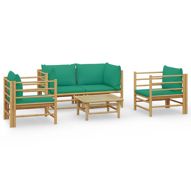 5 Piece Garden Lounge Set with Green Cushions  Bamboo