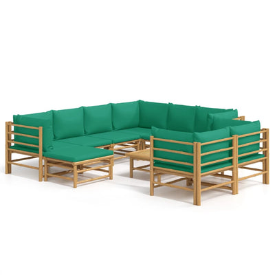 10 Piece Garden Lounge Set with Green Cushions  Bamboo