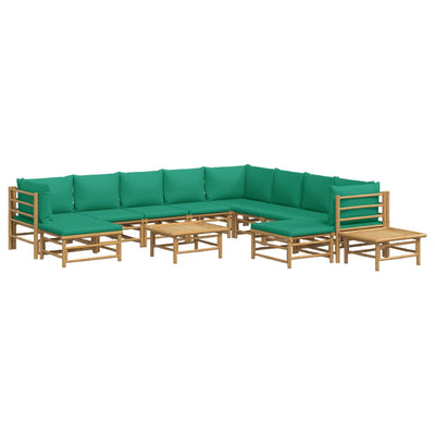 12 Piece Garden Lounge Set with Green Cushions  Bamboo