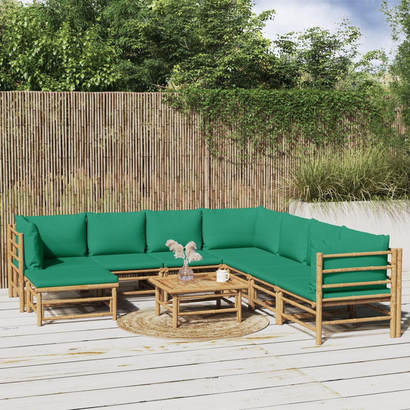 9 Piece Garden Lounge Set with Green Cushions  Bamboo