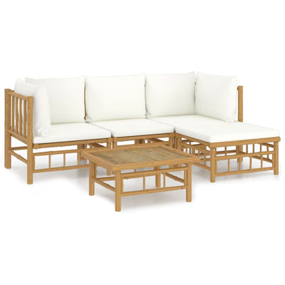 5 Piece Garden Lounge Set with Cream White Cushions  Bamboo