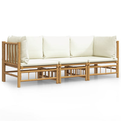 3 Piece Garden Lounge Set with Cream White Cushions  Bamboo