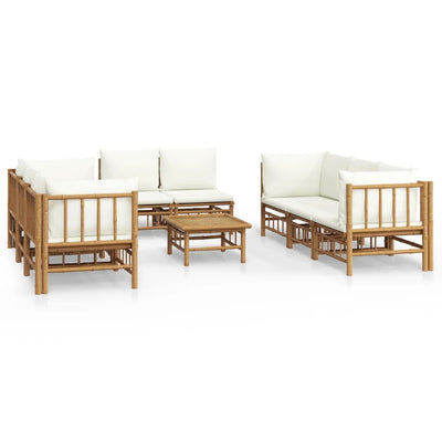 9 Piece Garden Lounge Set with Cream White Cushions  Bamboo