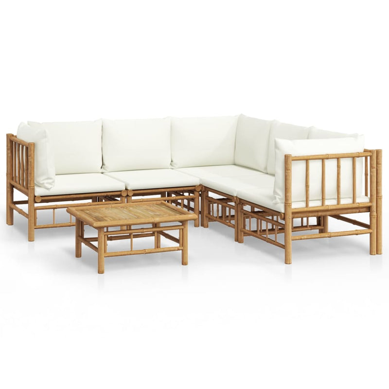 6 Piece Garden Lounge Set with Cream White Cushions  Bamboo