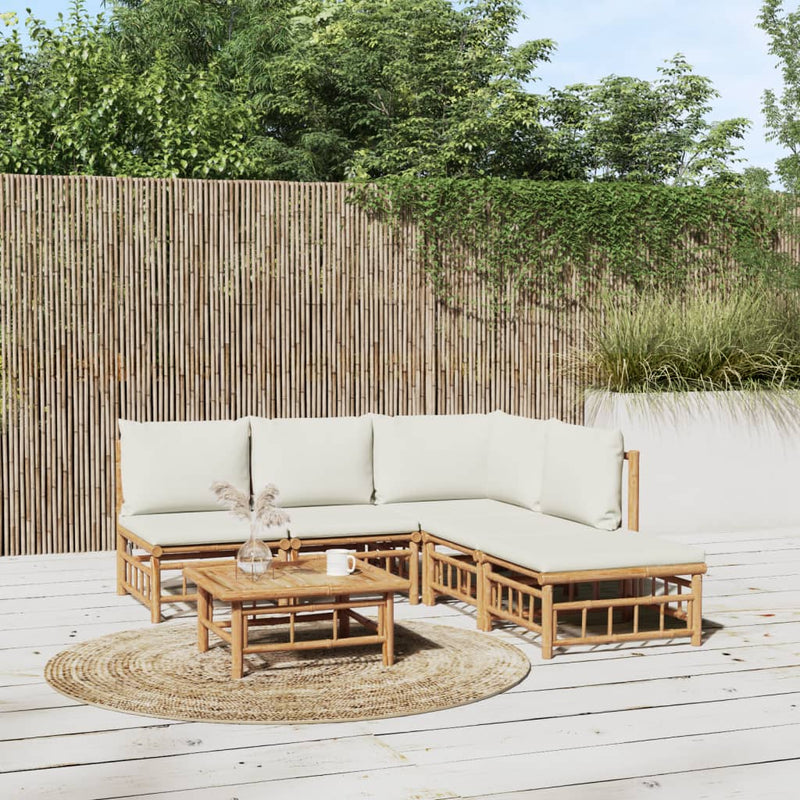 6 Piece Garden Lounge Set with Cream White Cushions  Bamboo