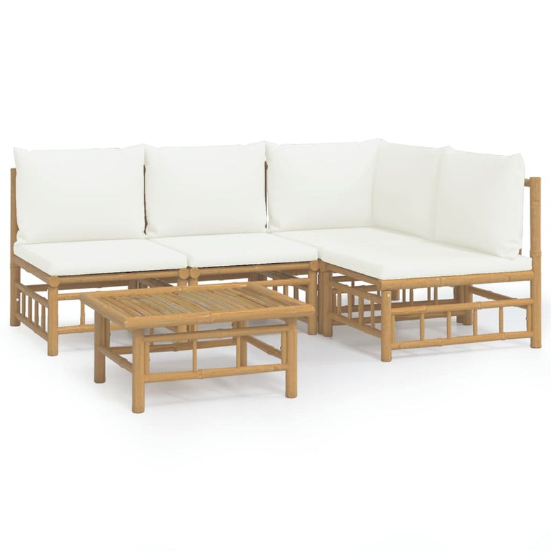 5 Piece Garden Lounge Set with Cream White Cushions  Bamboo