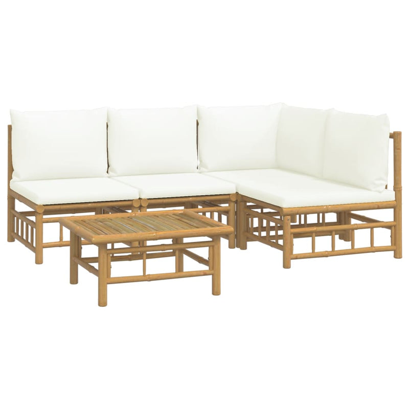 5 Piece Garden Lounge Set with Cream White Cushions  Bamboo